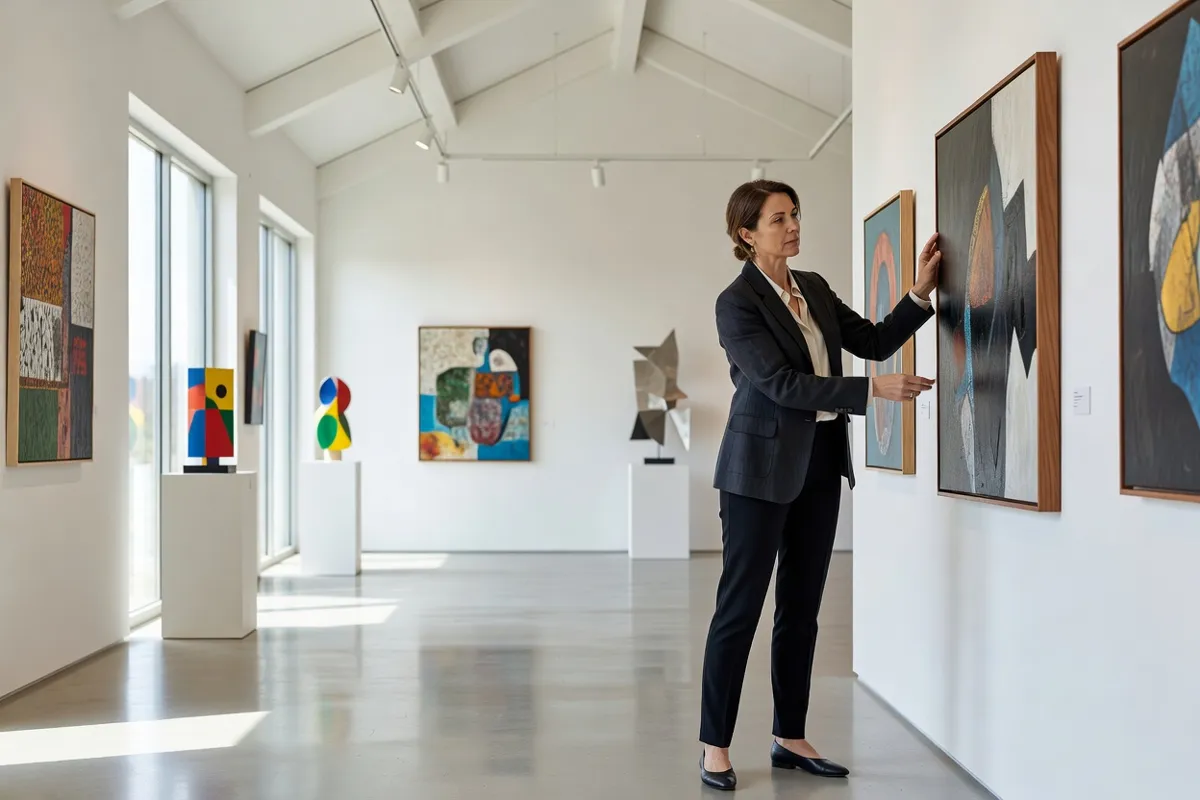 Galeriste installant des pièces dans un espace d'exposition lumineux