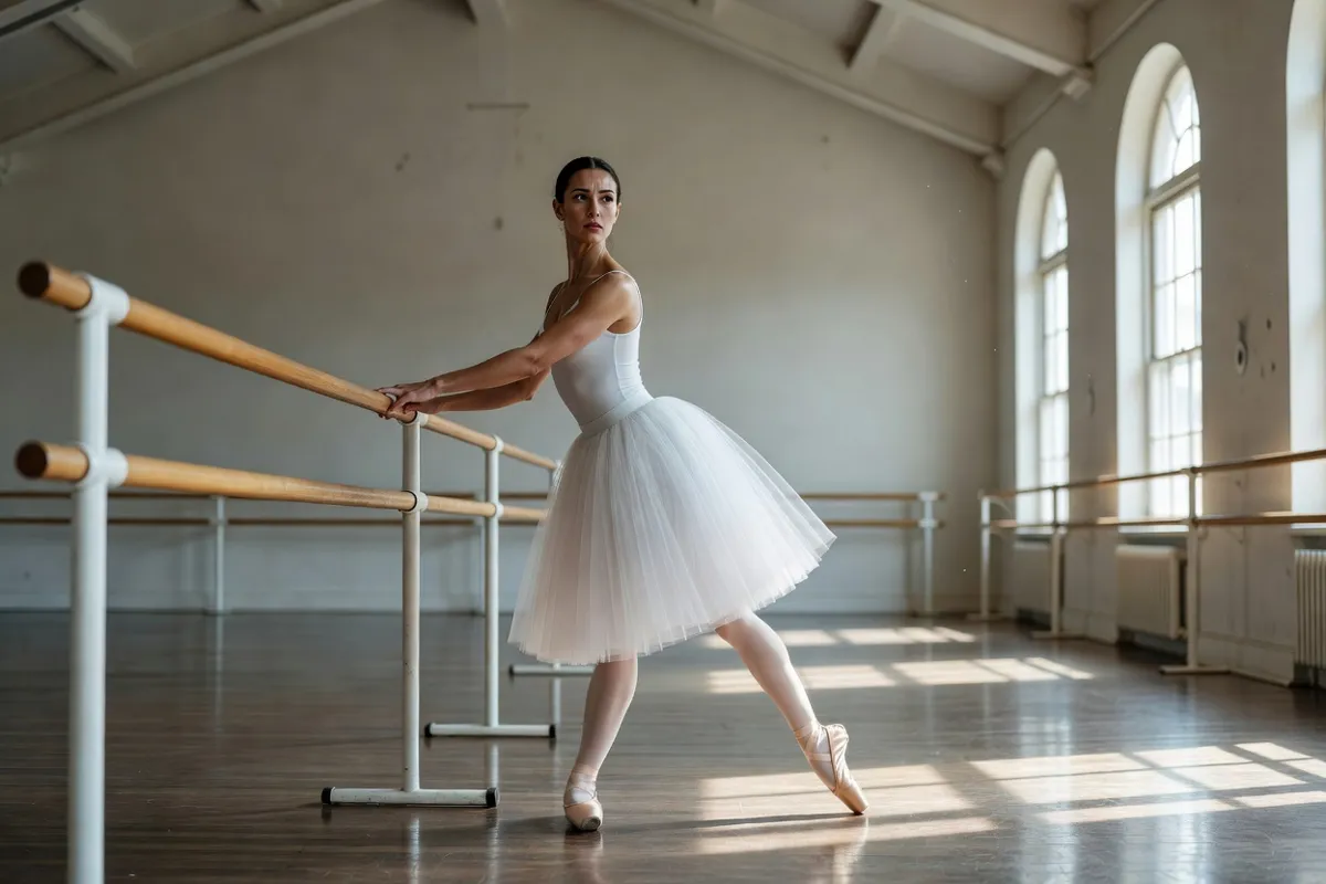 Danseuse en tutu blanc répétant à la barre dans un studio lumineux