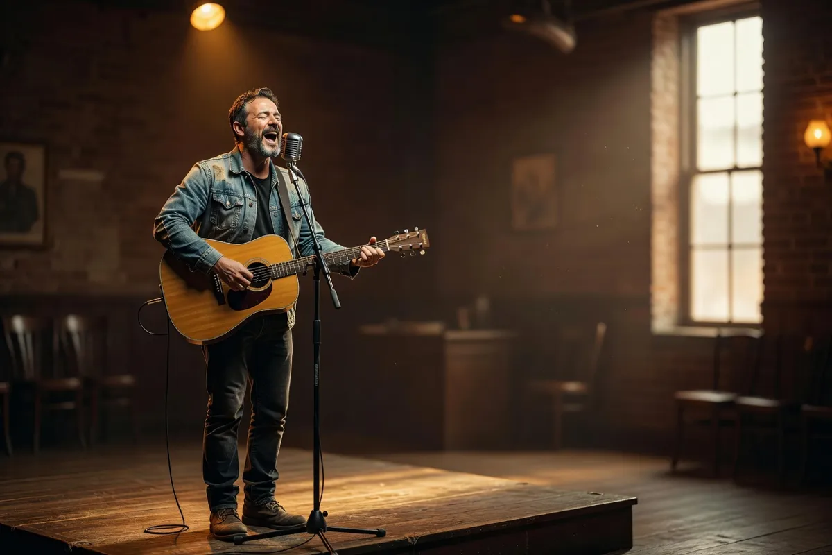 Chanteur à la guitare sur une petite scène sous une lumière chaude