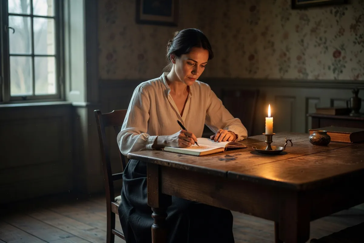 Poétesse écrivant dans un carnet à la bougie à une table de bois, intérieur d'époque