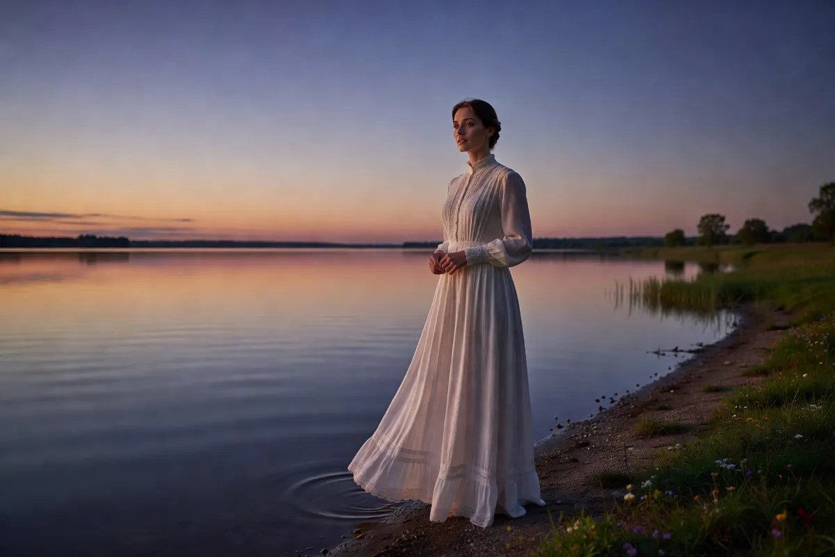 Comédienne en robe blanche d'époque au bord d'un lac au crépuscule, mélancolique