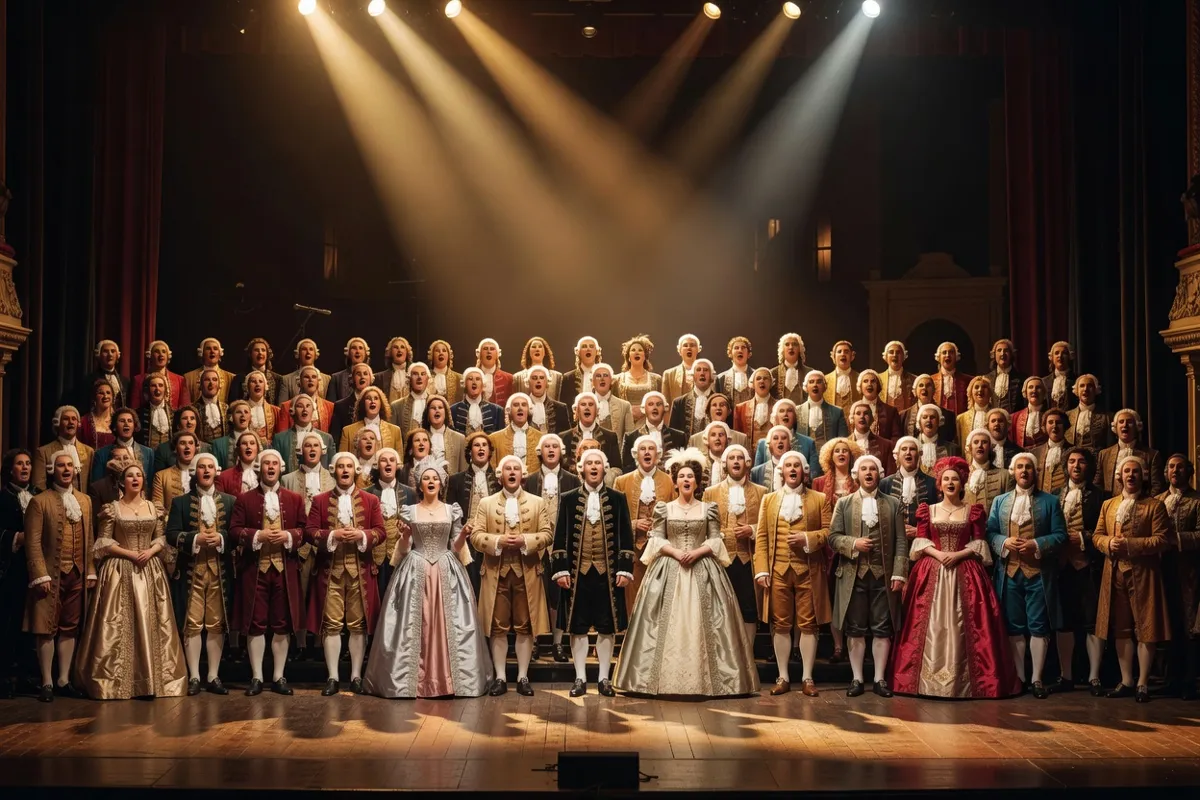 Chœur d'opéra en costumes d'époque sur une grande scène éclairée de façon dramatique
