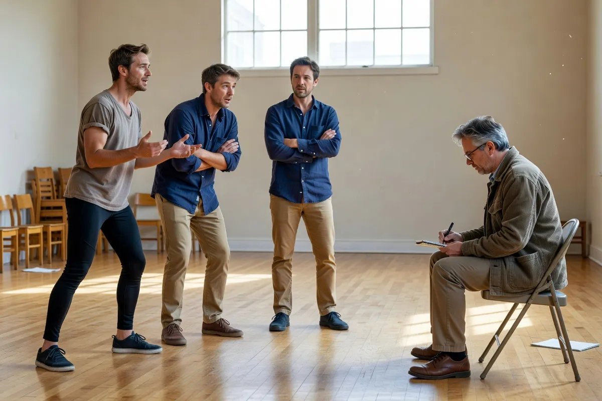 Comédiens en répétition dans une salle claire avec un metteur en scène prenant des notes