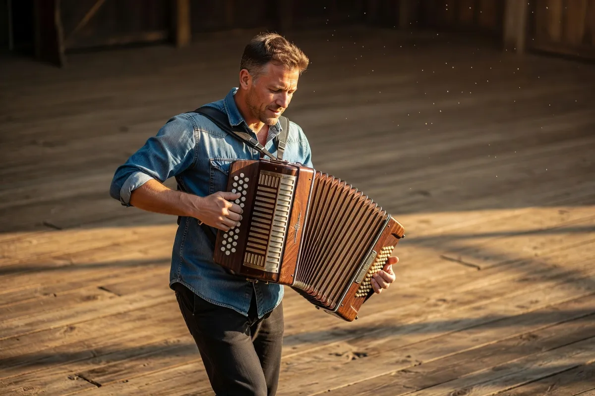 Accordéoniste jouant du bayan sur une scène de bois