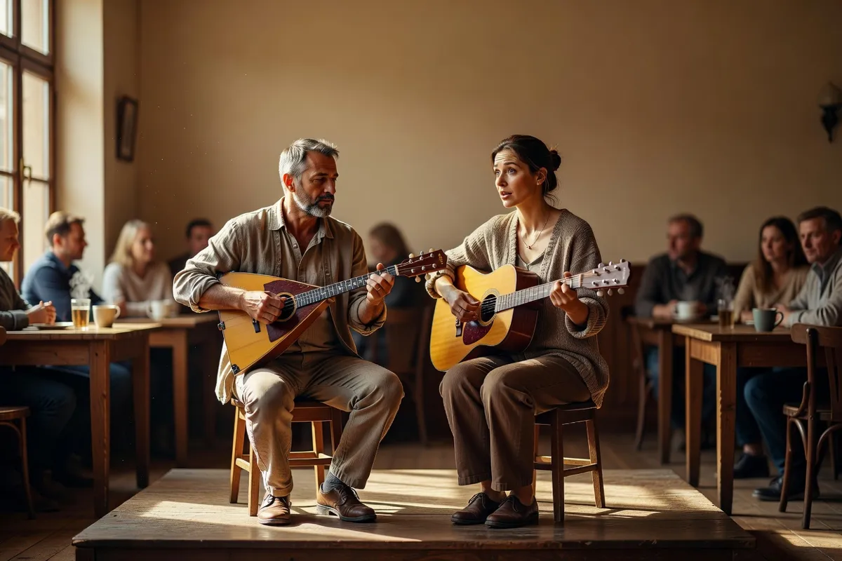 Musiciens jouant balalaïka et guitare dans un café-concert chaleureux