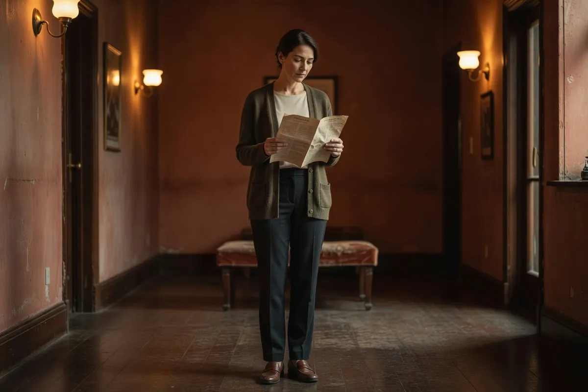 Spectatrice lisant un programme dans le hall d'un cinéma d'art et d'essai
