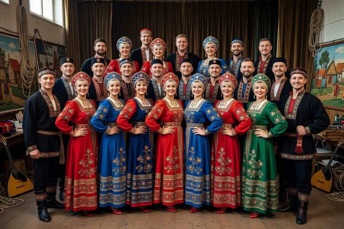 Groupe de danseurs en costumes régionaux colorés posant en coulisses avant le spectacle