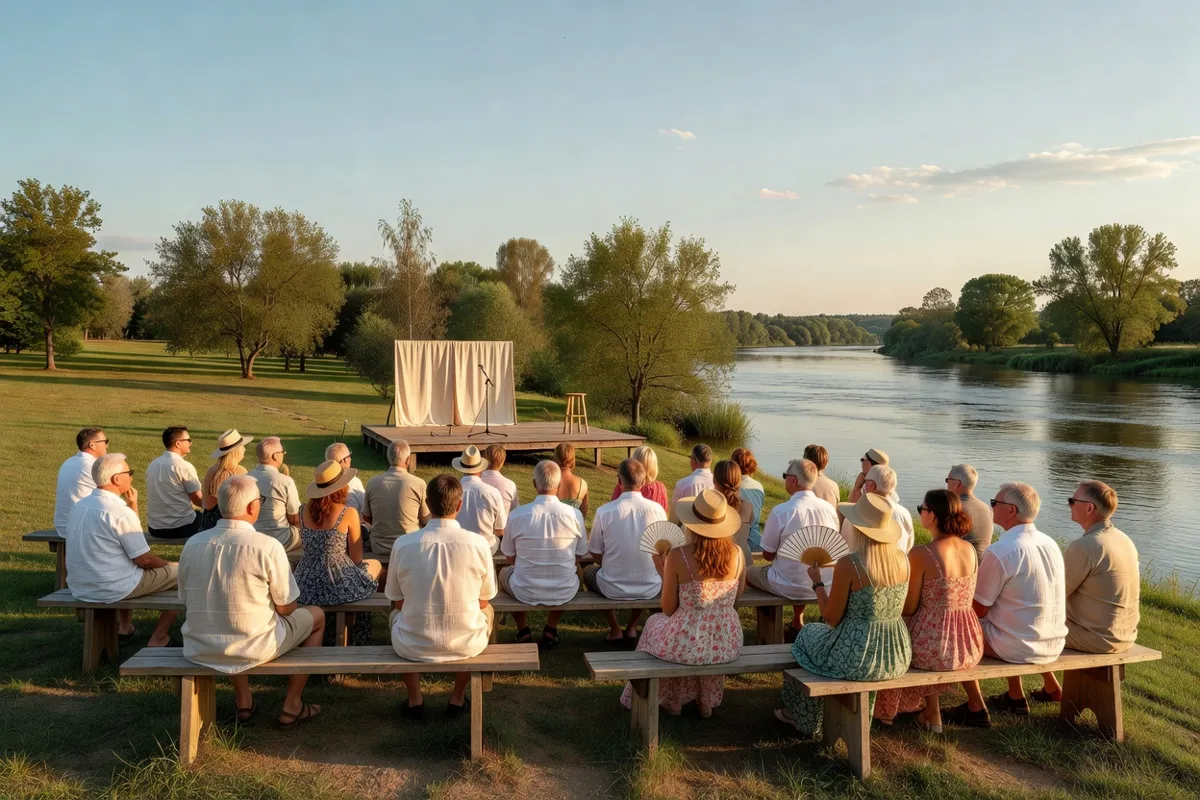 Public adulte assis sur des bancs devant une scène en plein air au bord d'une rivière