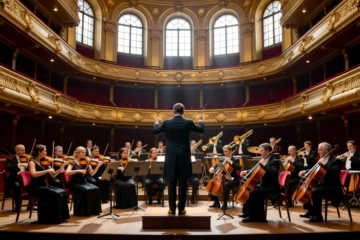 Orchestre symphonique dirigé par un chef vu de dos dans une salle de concert aux balcons dorés