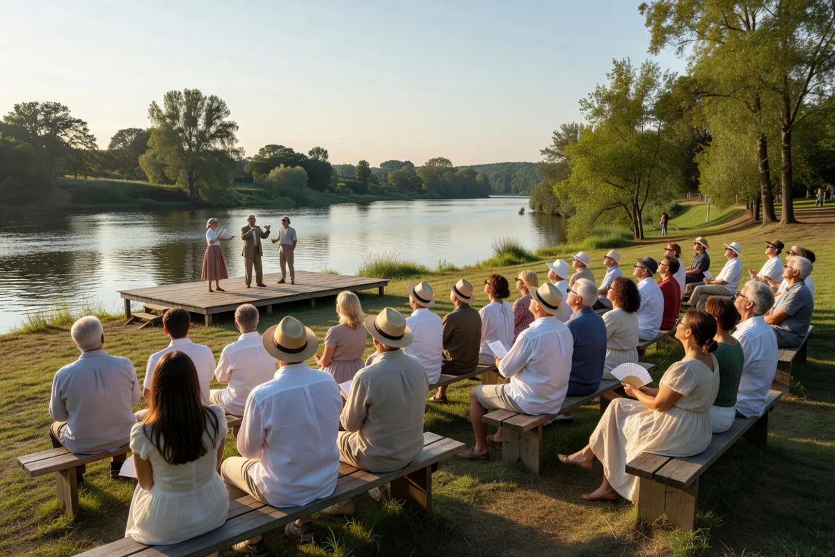 Public adulte assis sur des bancs devant une scène en plein air au bord d'une rivière