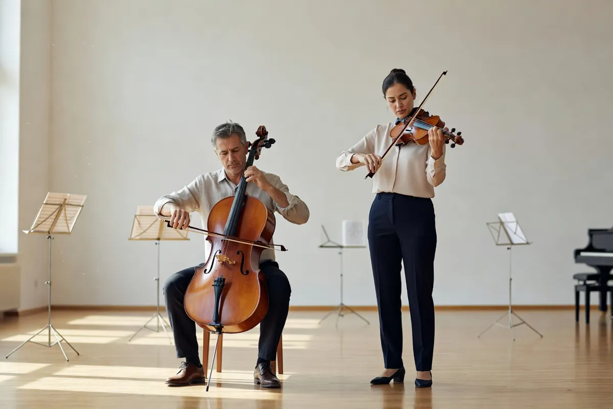 Violoncelliste et violoniste en répétition dans un studio lumineux