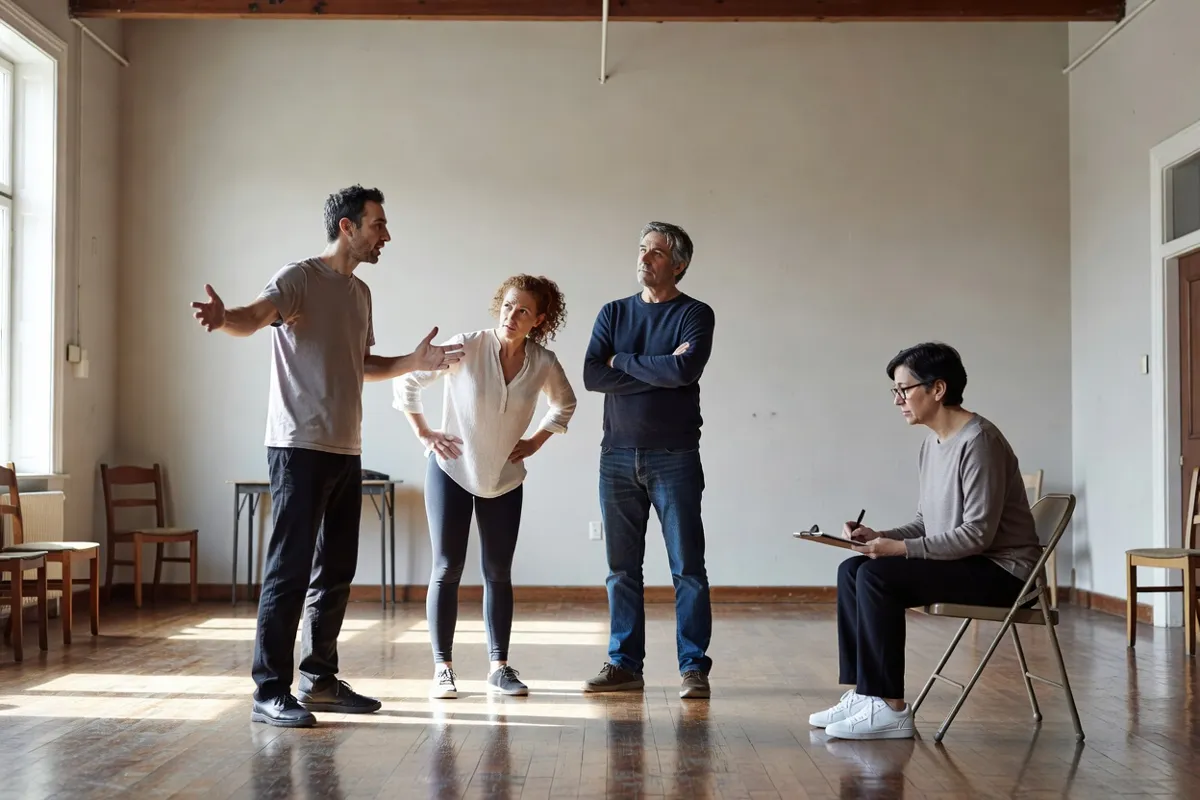 Comédiens en répétition dans une salle claire avec un metteur en scène prenant des notes
