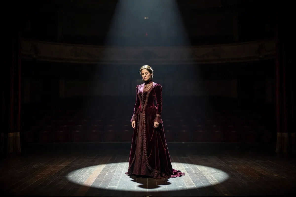 Comédienne en robe d'époque seule sur une scène sombre sous un projecteur