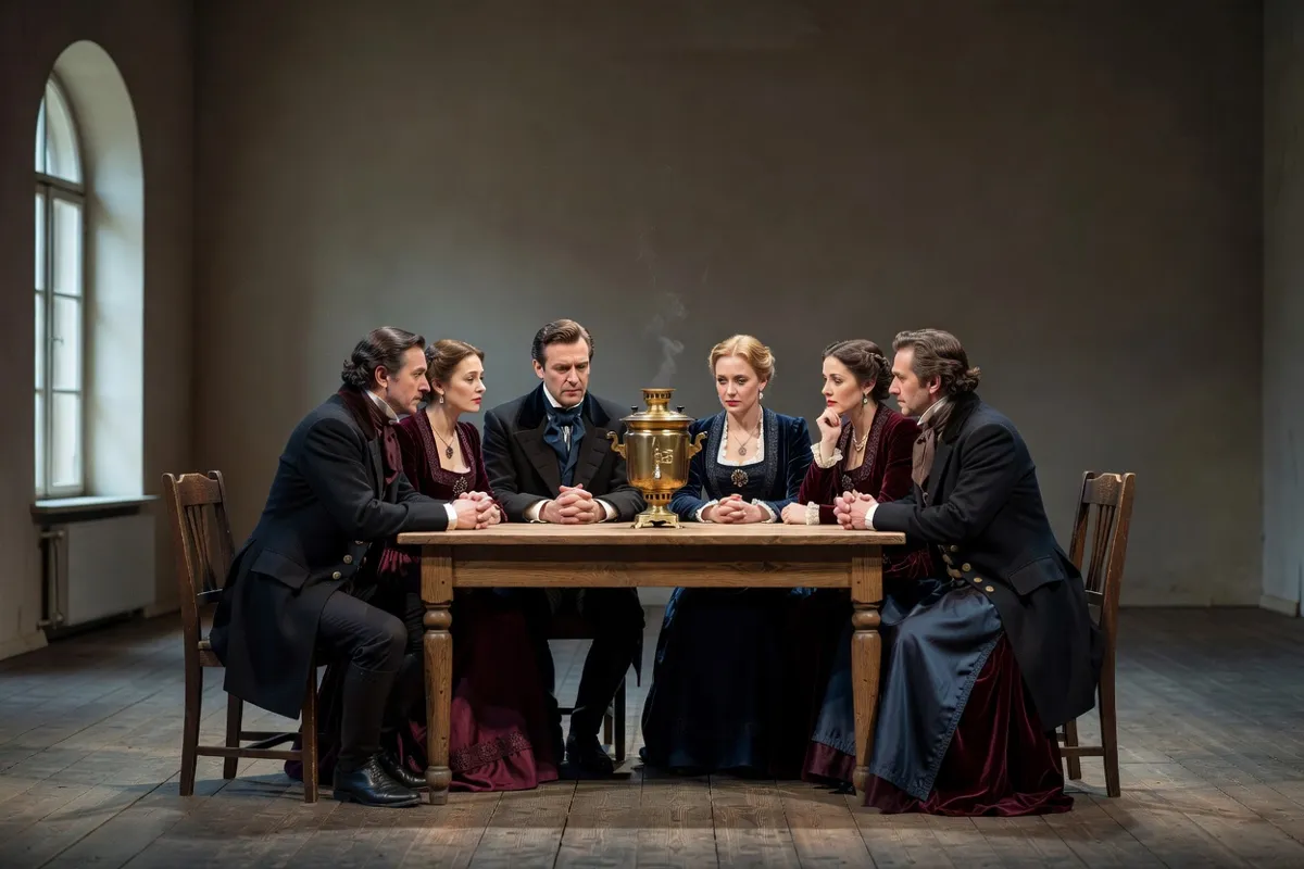Comédiens en costumes du XIXe siècle autour d'un samovar sur une scène de théâtre