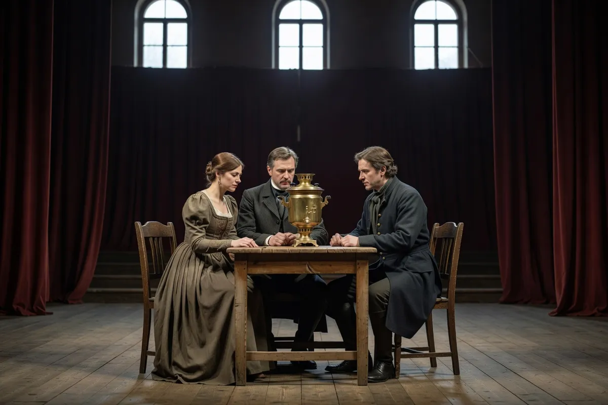 Comédiens en costumes du XIXe siècle autour d'un samovar sur une scène de théâtre