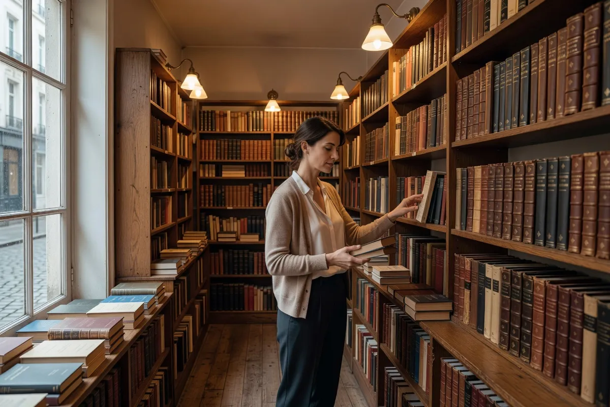 Femme feuilletant des livres dans une librairie parisienne aux lumières chaudes
