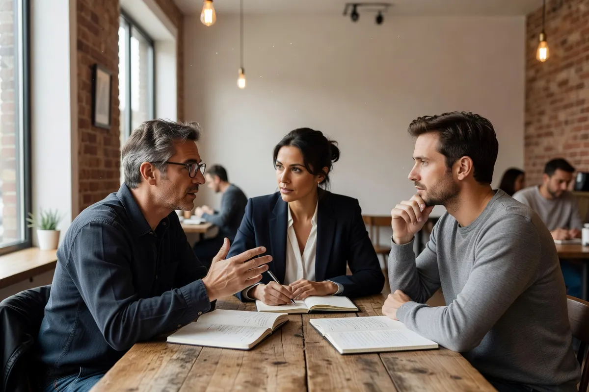 Critiques de cinéma discutant dans un café après une projection, carnets sur la table