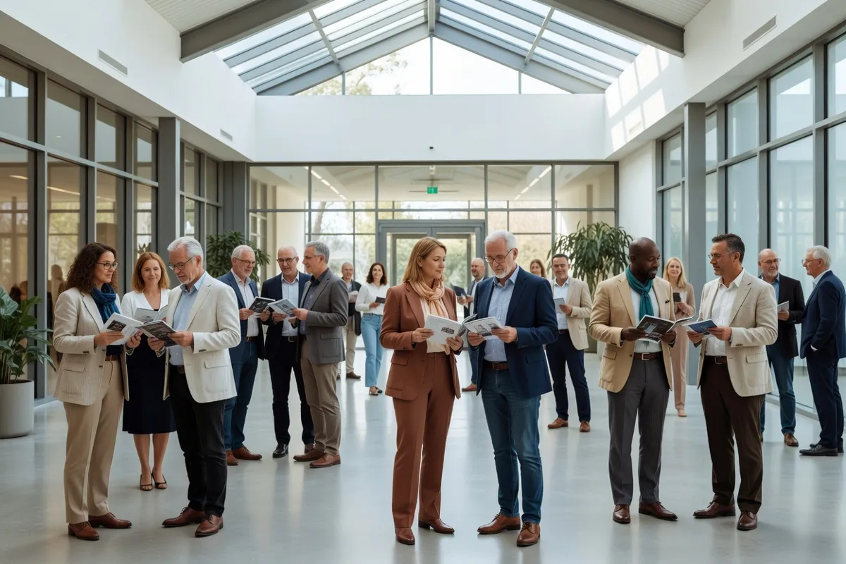 Spectateurs avec programmes réunis dans le foyer lumineux d'un centre culturel