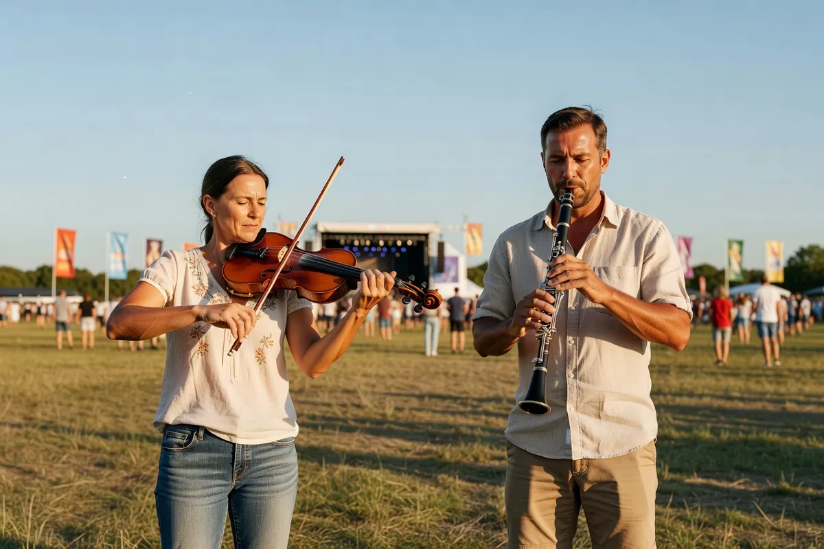 Musiciens jouant violon et clarinette lors d'un festival d'été en plein air