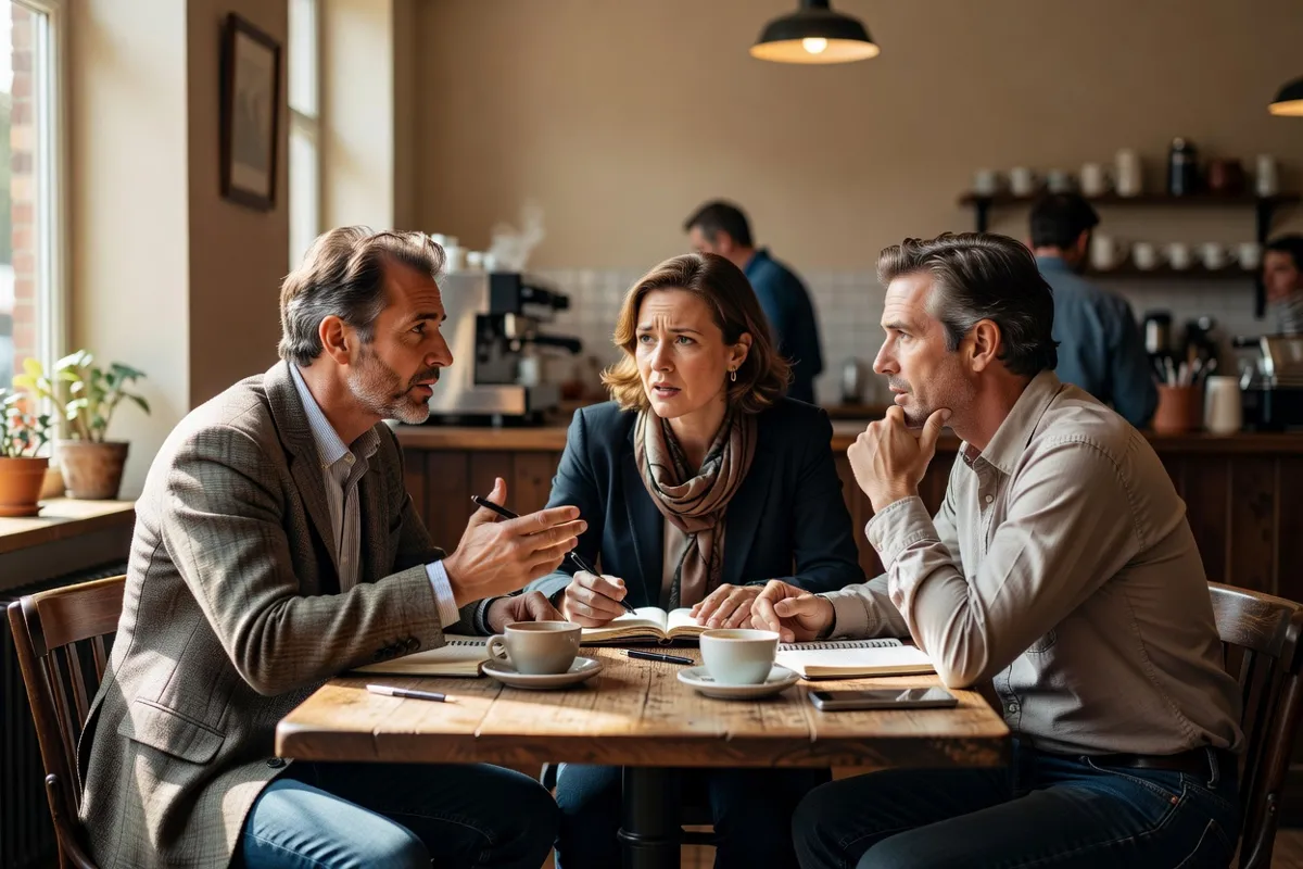 Critiques de cinéma discutant dans un café après une projection, carnets sur la table