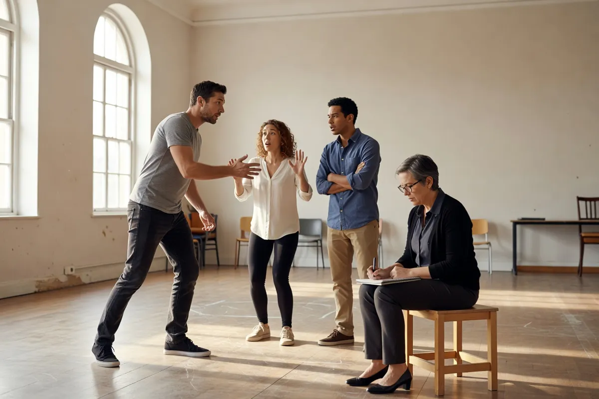 Comédiens en répétition dans une salle claire avec un metteur en scène prenant des notes