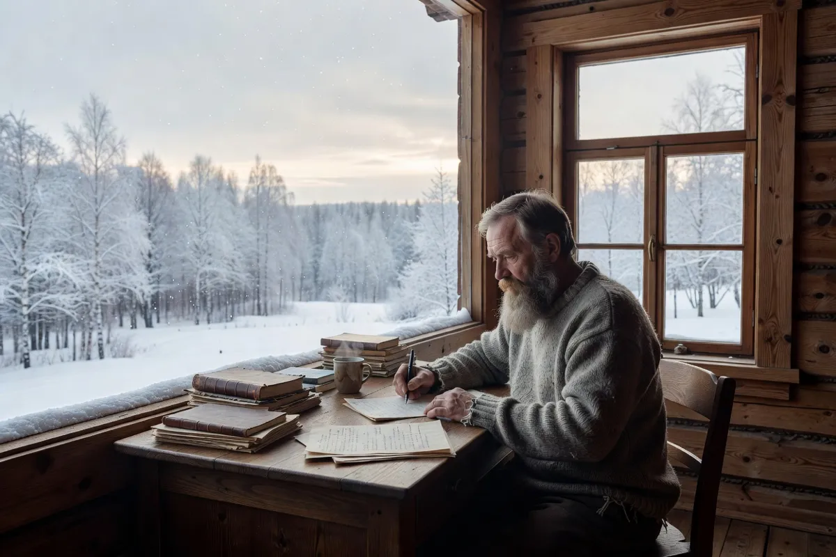 Écrivain à la barbe grise écrivant à son bureau dans une maison de bois enneigée