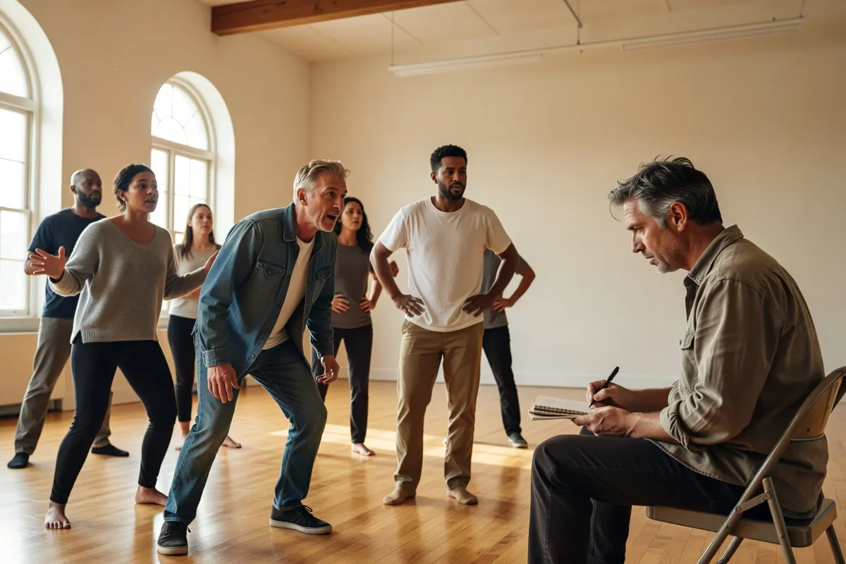 Comédiens en répétition dans une salle claire avec un metteur en scène prenant des notes