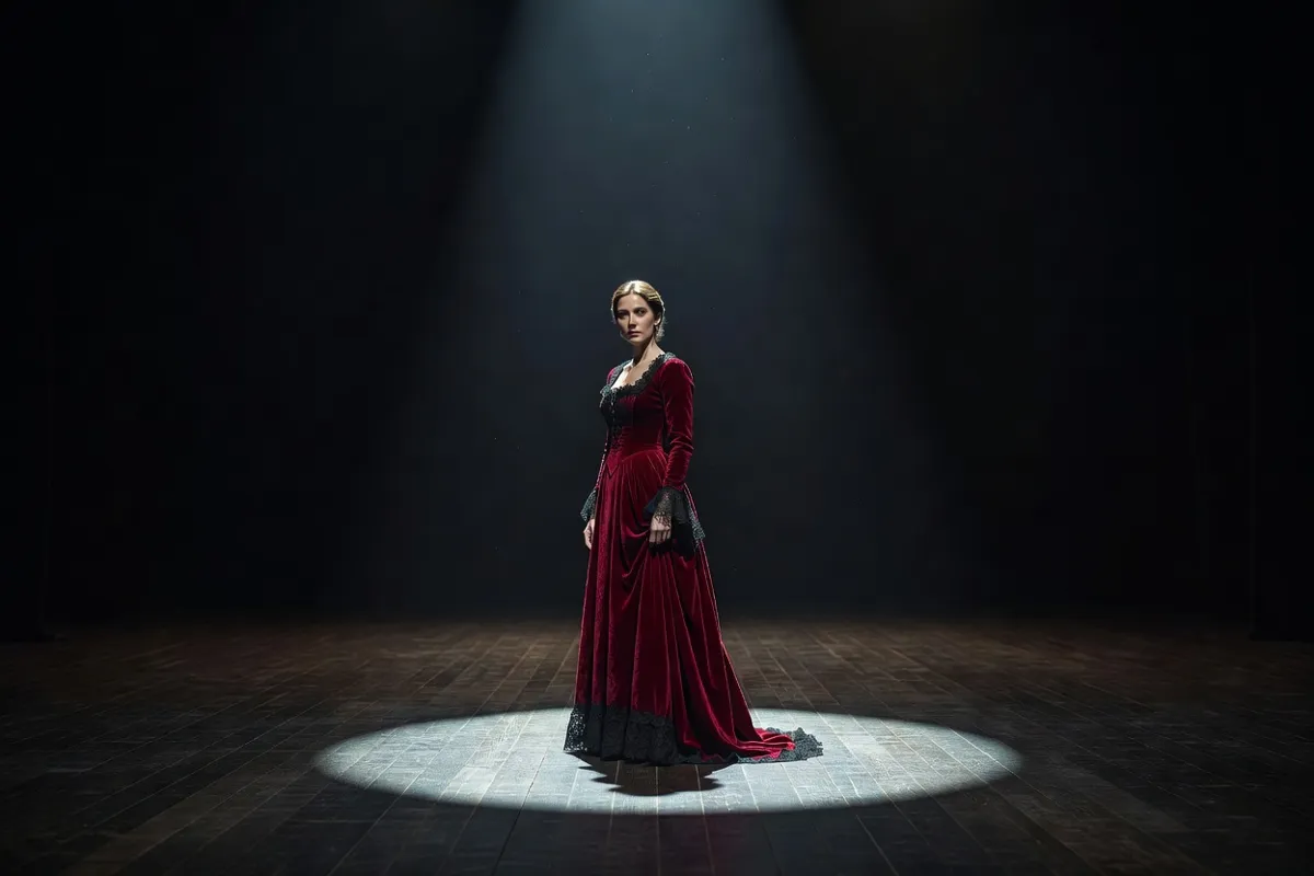 Comédienne en robe d'époque seule sur une scène sombre sous un projecteur