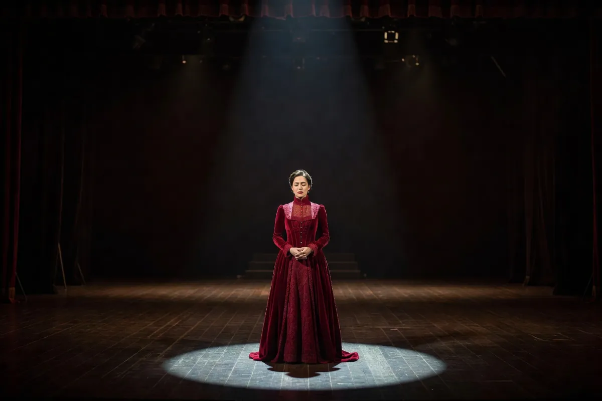 Comédienne en robe d'époque seule sur une scène sombre sous un projecteur