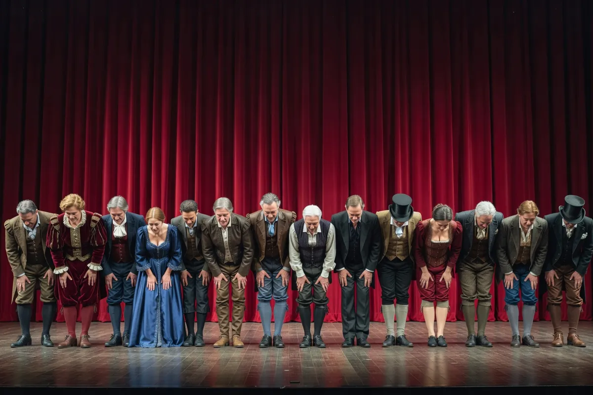 Comédiens en costumes saluant devant un rideau rouge sur une scène de théâtre