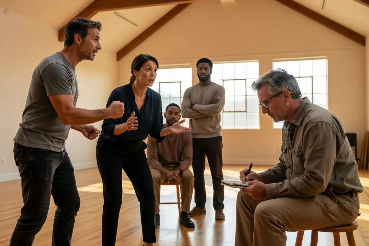 Comédiens en répétition dans une salle claire avec un metteur en scène prenant des notes