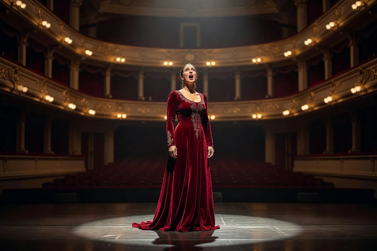 Chanteuse d'opéra en longue robe sur une scène sous des projecteurs chauds