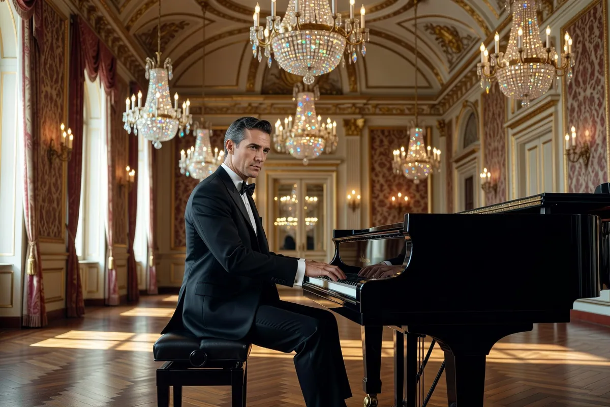Pianiste en tenue de soirée jouant dans un salon orné de lustres