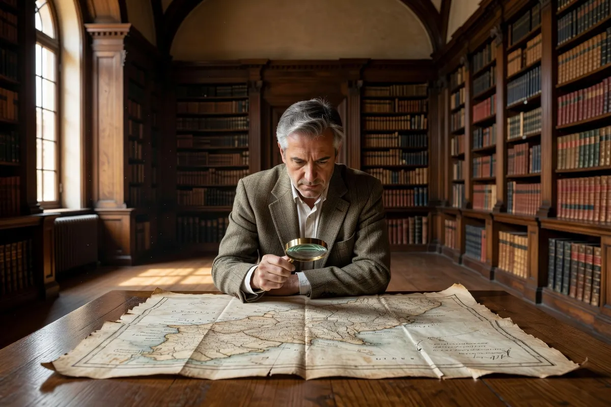 Historien étudiant une vieille carte à la loupe dans une bibliothèque