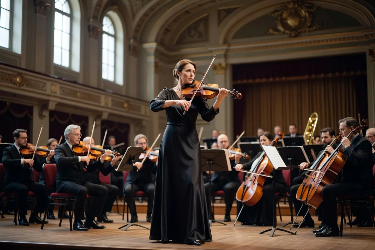 Violoniste soliste debout face à un orchestre dans une salle de concert