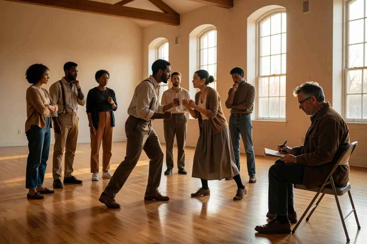Comédiens en répétition dans une salle claire avec un metteur en scène prenant des notes