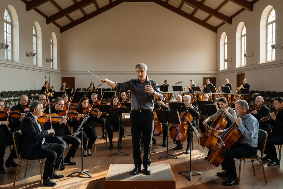 Chef d'orchestre baguette en main répétant avec son orchestre dans une salle de répétition