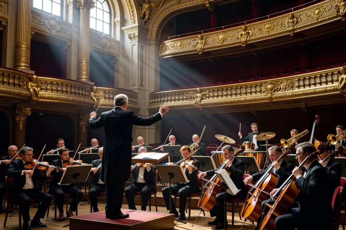 Orchestre symphonique dirigé par un chef vu de dos dans une salle de concert aux balcons dorés