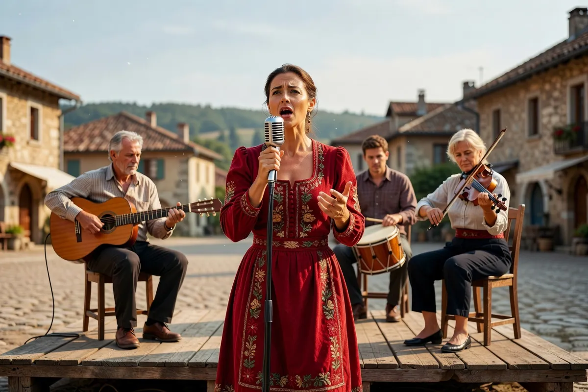 Chanteuse en robe brodée accompagnée d'un petit ensemble folklorique sur scène