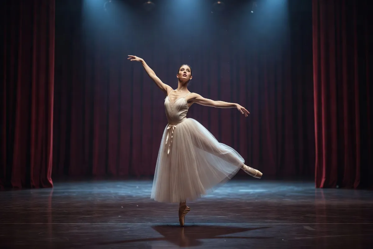 Danseuse en tutu romantique sur une scène de théâtre sous une lumière bleutée