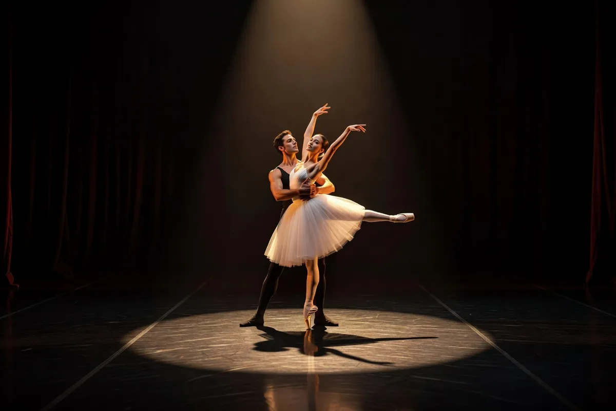 Couple de danseurs exécutant un pas de deux sous un projecteur chaud
