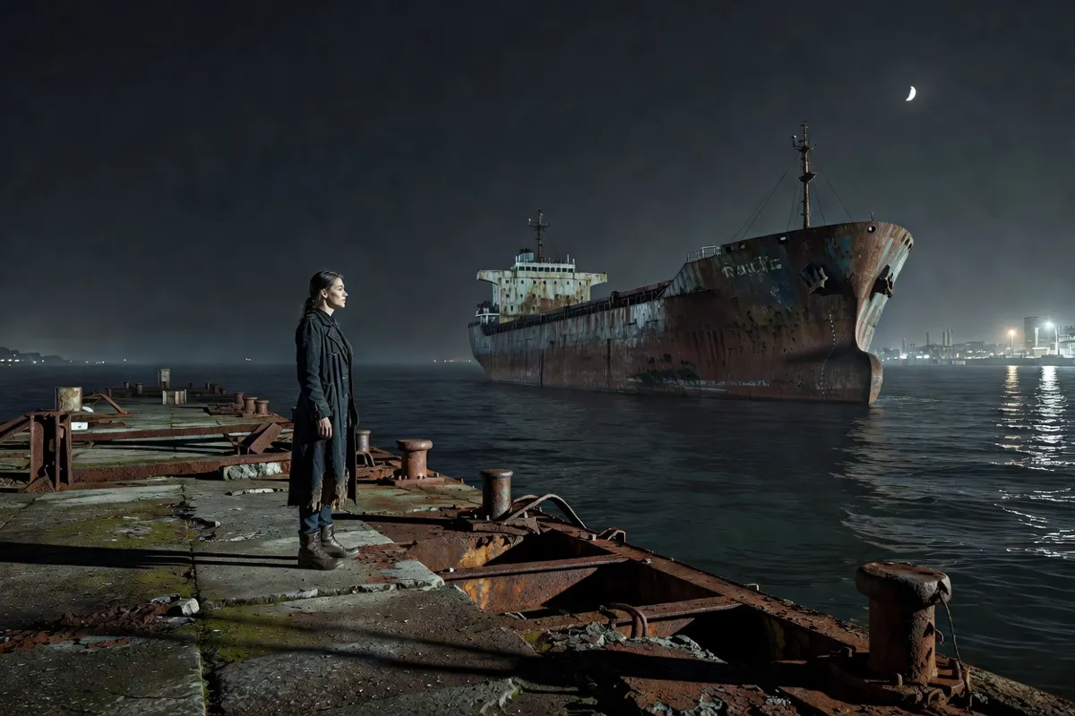 Femme debout sur le quai rouillé d'un port abandonné de nuit devant un vieux cargo