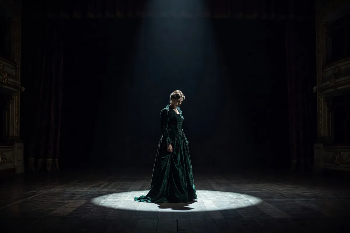 Comédienne en robe d'époque seule sur une scène sombre sous un projecteur