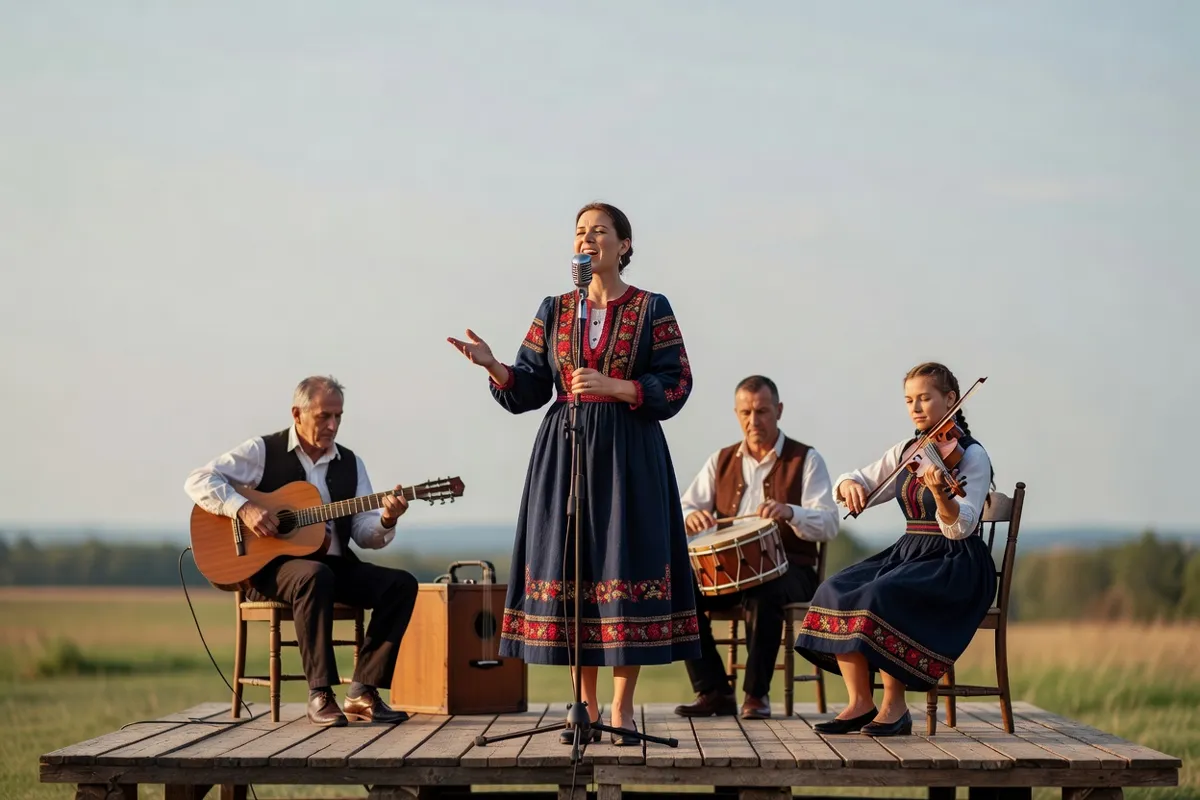 Chanteuse en robe brodée accompagnée d'un petit ensemble folklorique sur scène