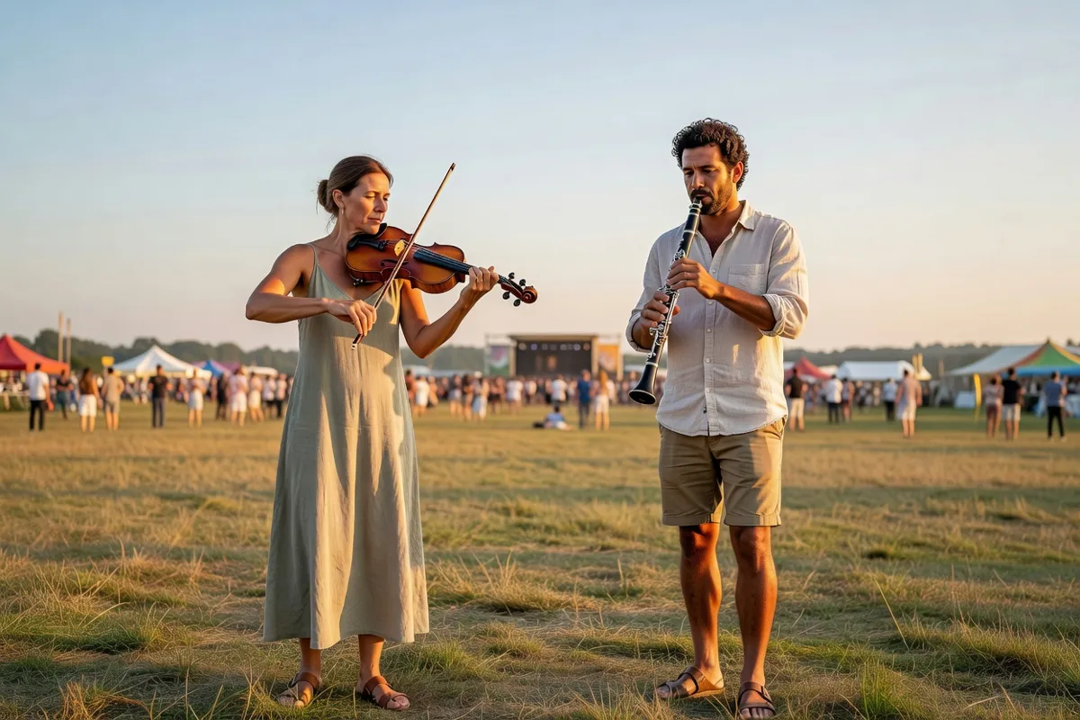 Musiciens jouant violon et clarinette lors d'un festival d'été en plein air