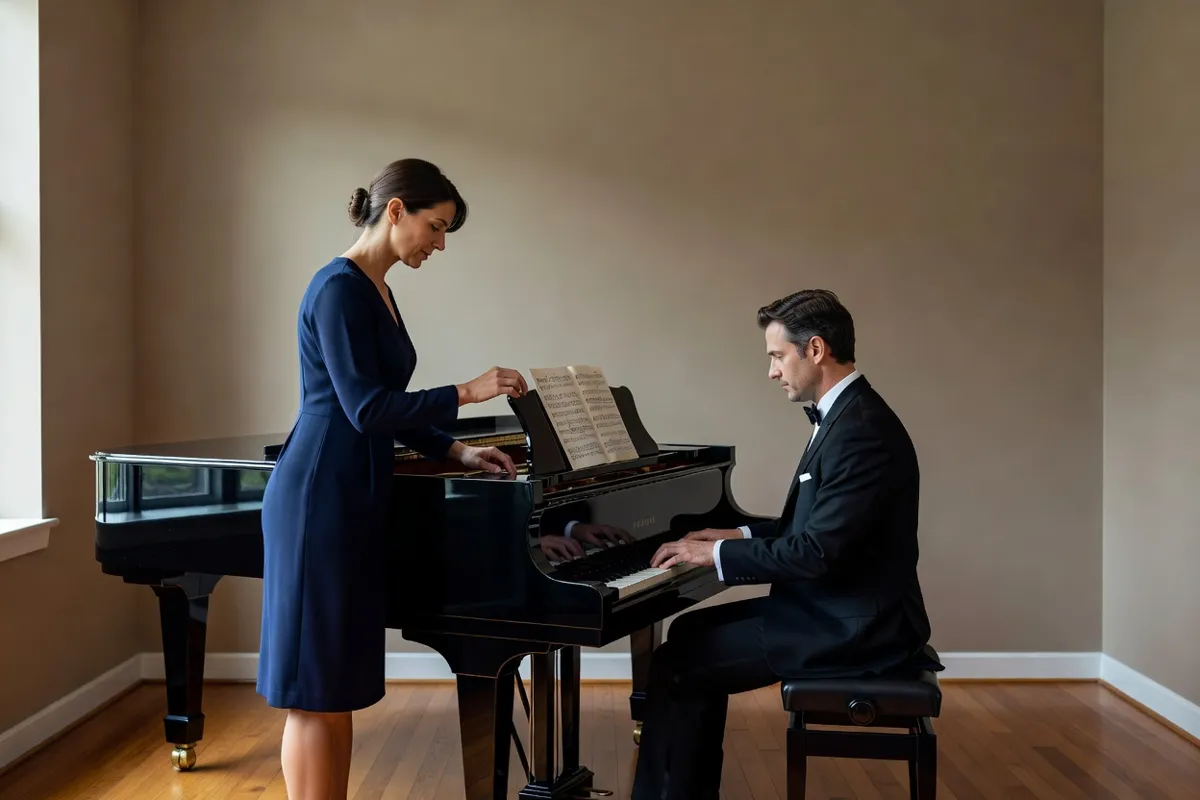 Pianiste et tourneuse de pages à un piano à queue dans une petite salle de récital
