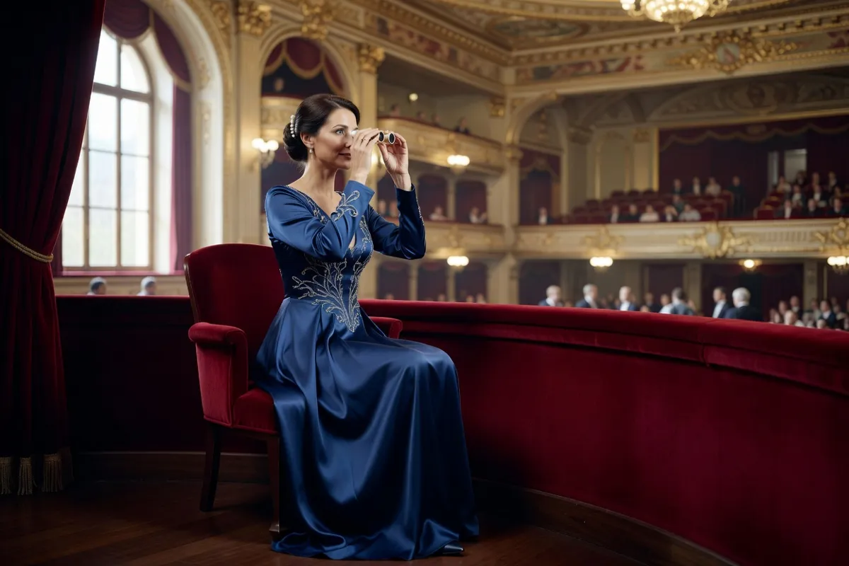 Spectatrice en robe de soirée regardant un opéra depuis une loge avec des jumelles