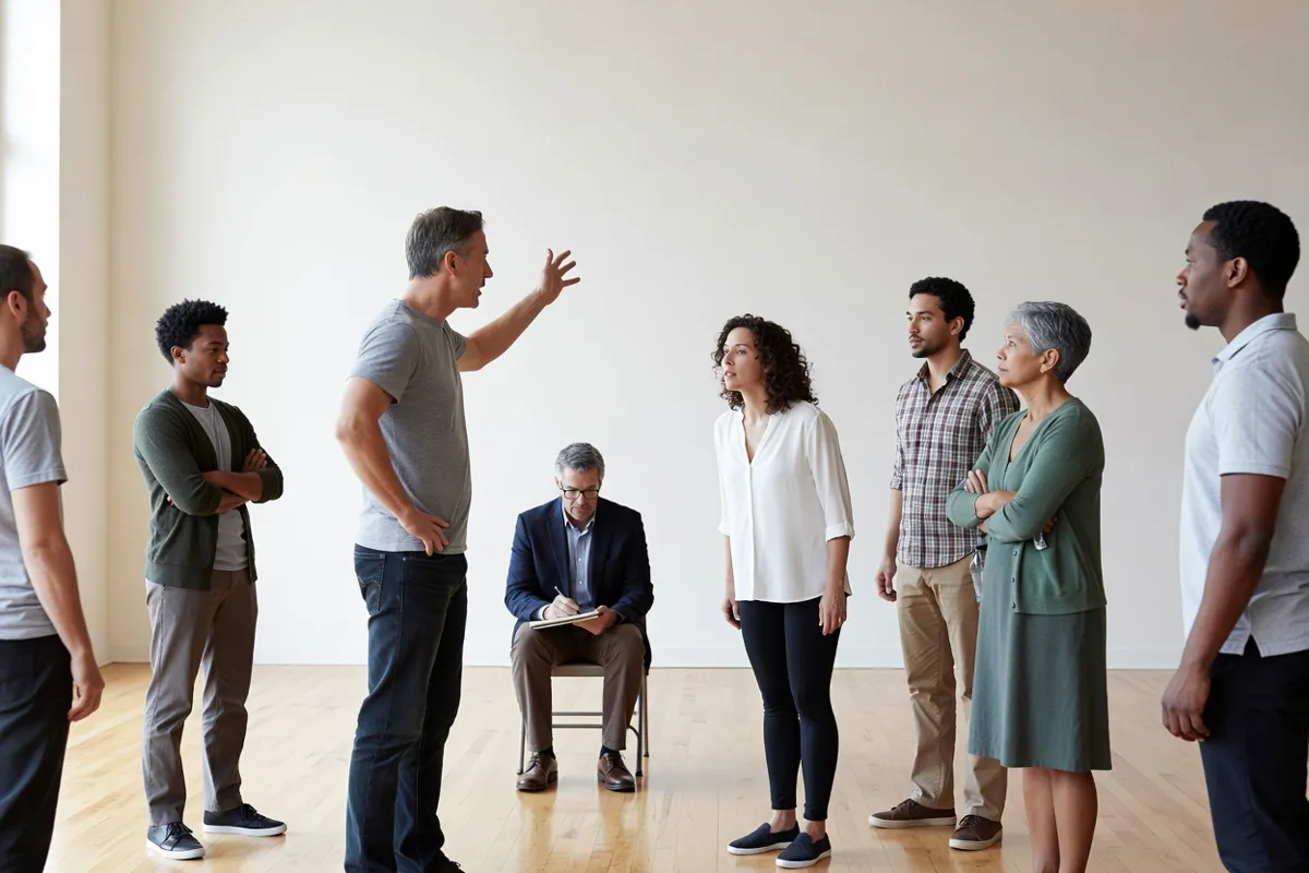 Comédiens en répétition dans une salle claire avec un metteur en scène prenant des notes