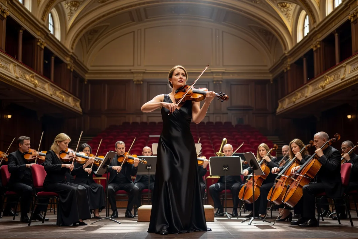 Violoniste soliste debout face à un orchestre dans une salle de concert