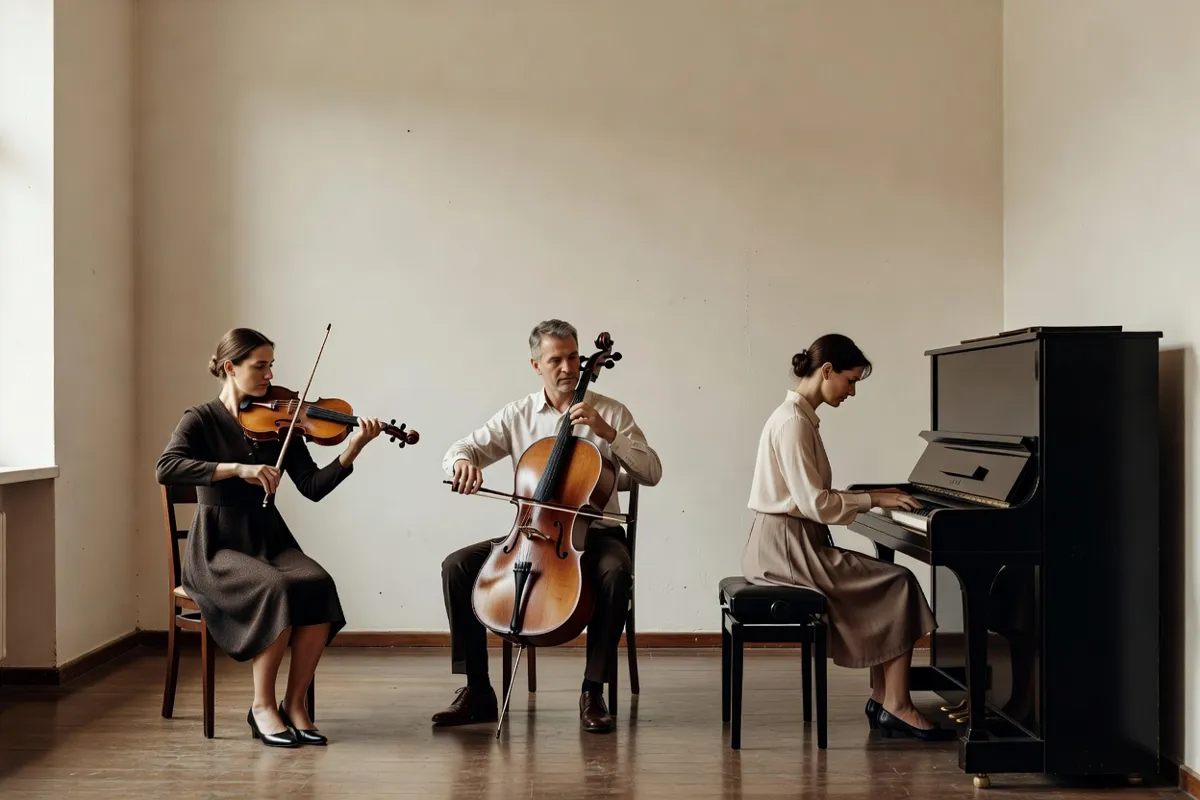 Trois musiciens d'un ensemble de chambre dans une salle modeste